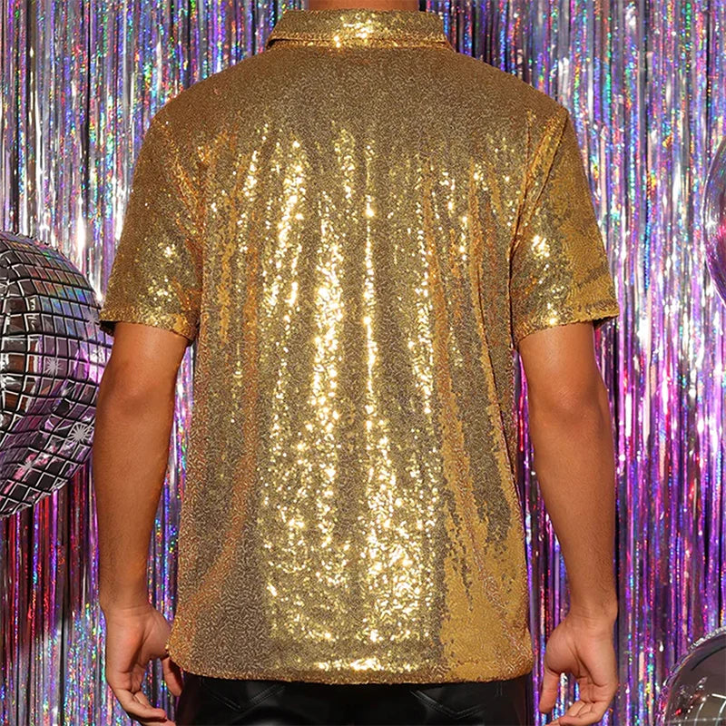 Men Sparkle Sequins Shirt Casual Vintage