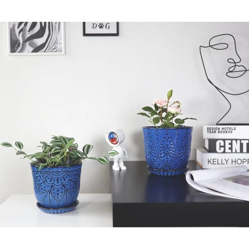 6 Inch Ceramic Planter Set of 2 with Drainage Hole and Saucer, Indoor-Outdoor Large Round Pot for Succulents Orchids (Blue)