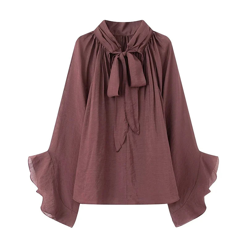 Perspective Women Shirt Autumn New Bow Tied Blouse Woman Tops Lady Ruffles Flare Sleeve Loose Elegant Blouses