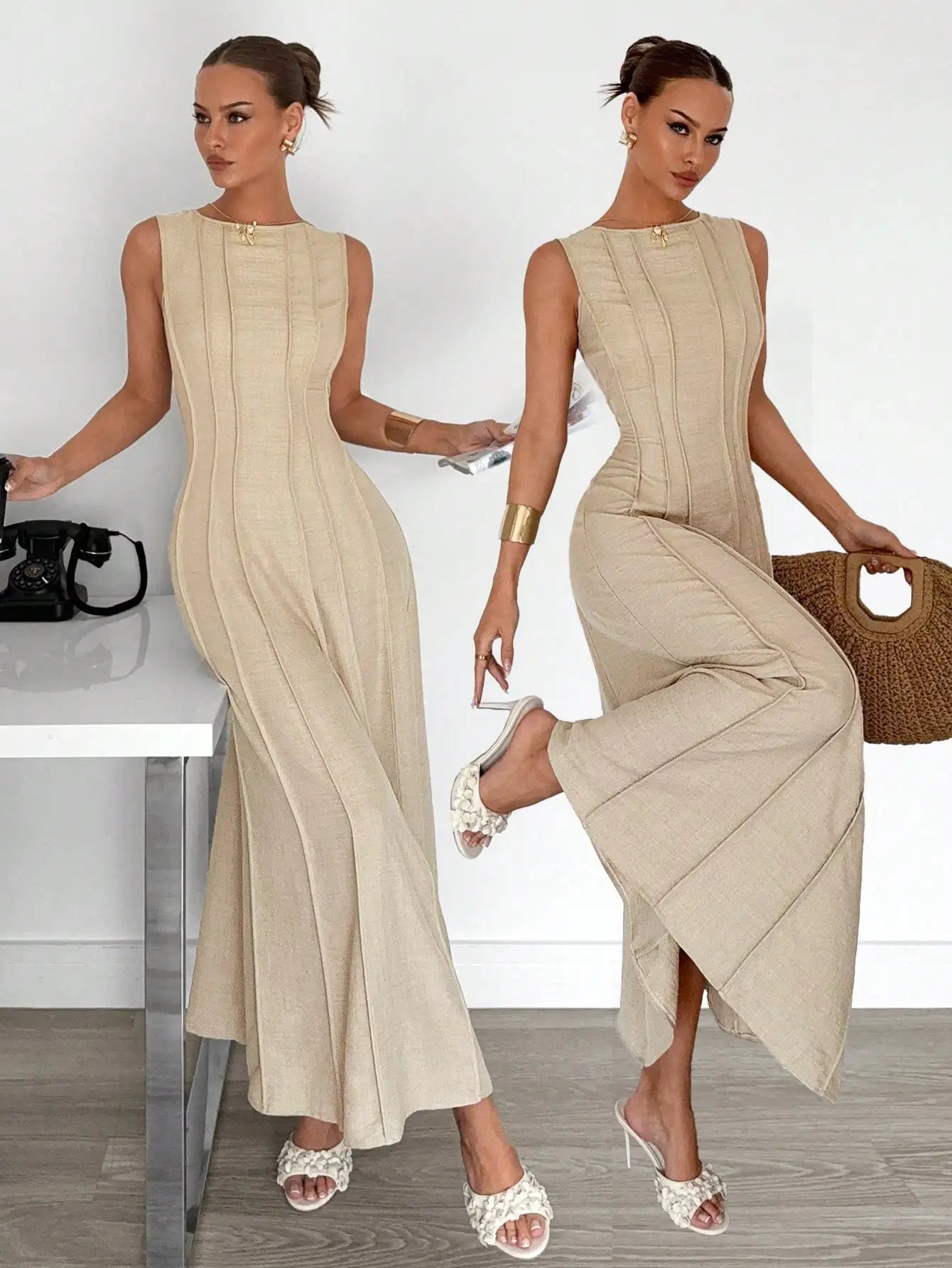 Elegant Linen Long Dress for Women, A-Line Pleated Waist, Sleeveless Maxi with Side Slit, Summer Holiday & Party Wear