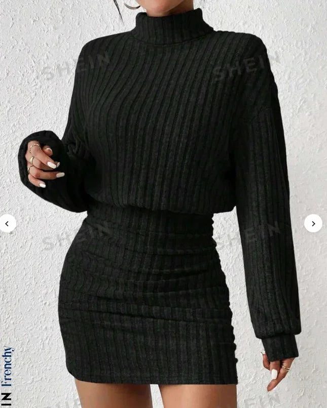 Women's Autumn Winter Fashion High Neck Knitted Sweater Dress Casual Solid Loose Long Sleeve Warm