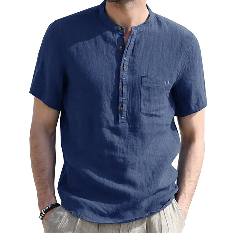 Men s Casual Fit Short Sleeve Linen Henley Shirt
