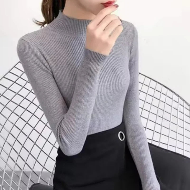 Autumn Winter Mock Neck Women Sweater Vintage Basic Solid Knitted Tops Casual Slim Pullover Sweaters