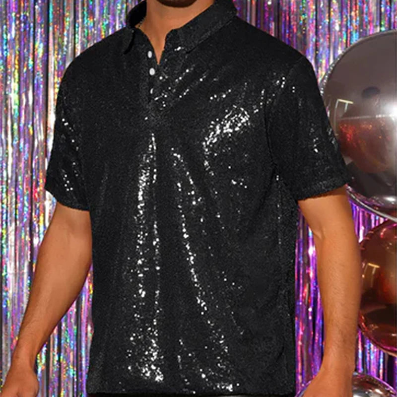 Men Sparkle Sequins Shirt Casual Vintage