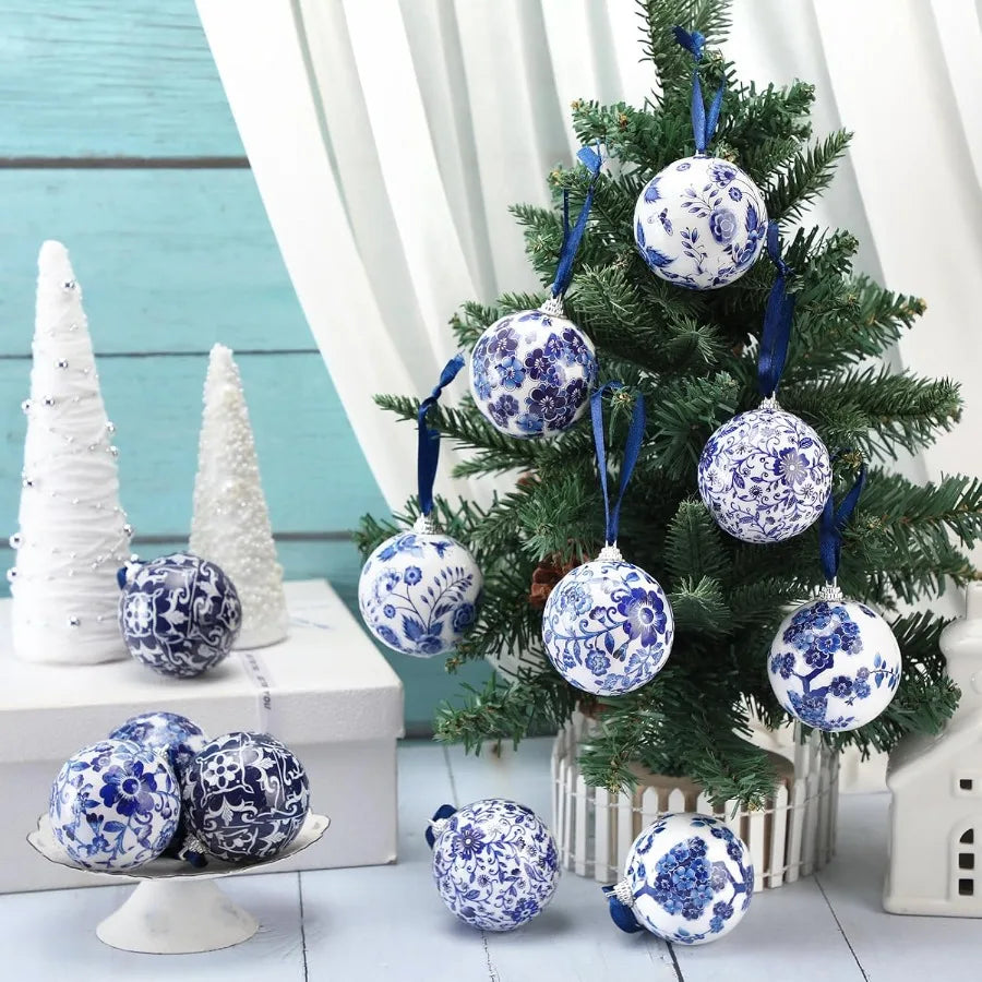 12 Pcs Chinoiserie Christmas Ornaments 2.36 Inch Blue White Ball Ornaments with Ribbon for Christmas Tree Home Party Decor