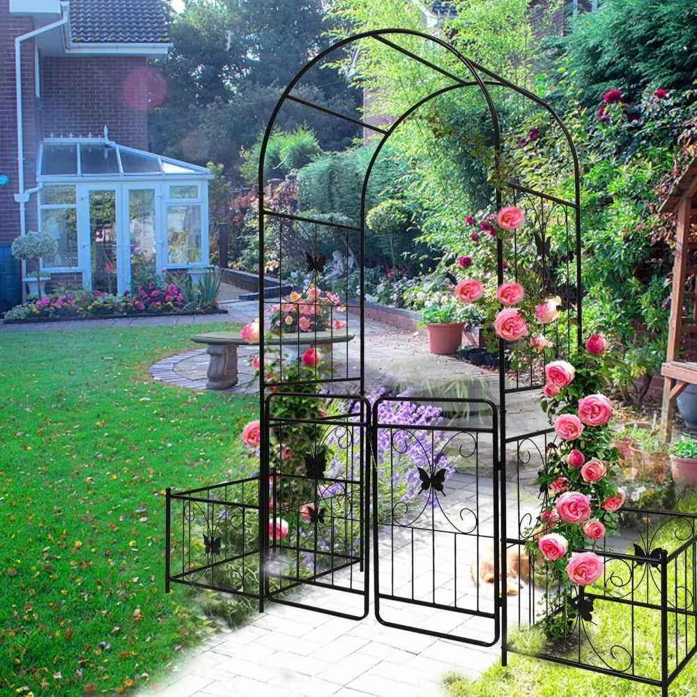 Metal Garden Arch with Gate and 2 Plant Stands, Garden Arch Trellis for Climbing Plants Outdoor, Garden Arbor