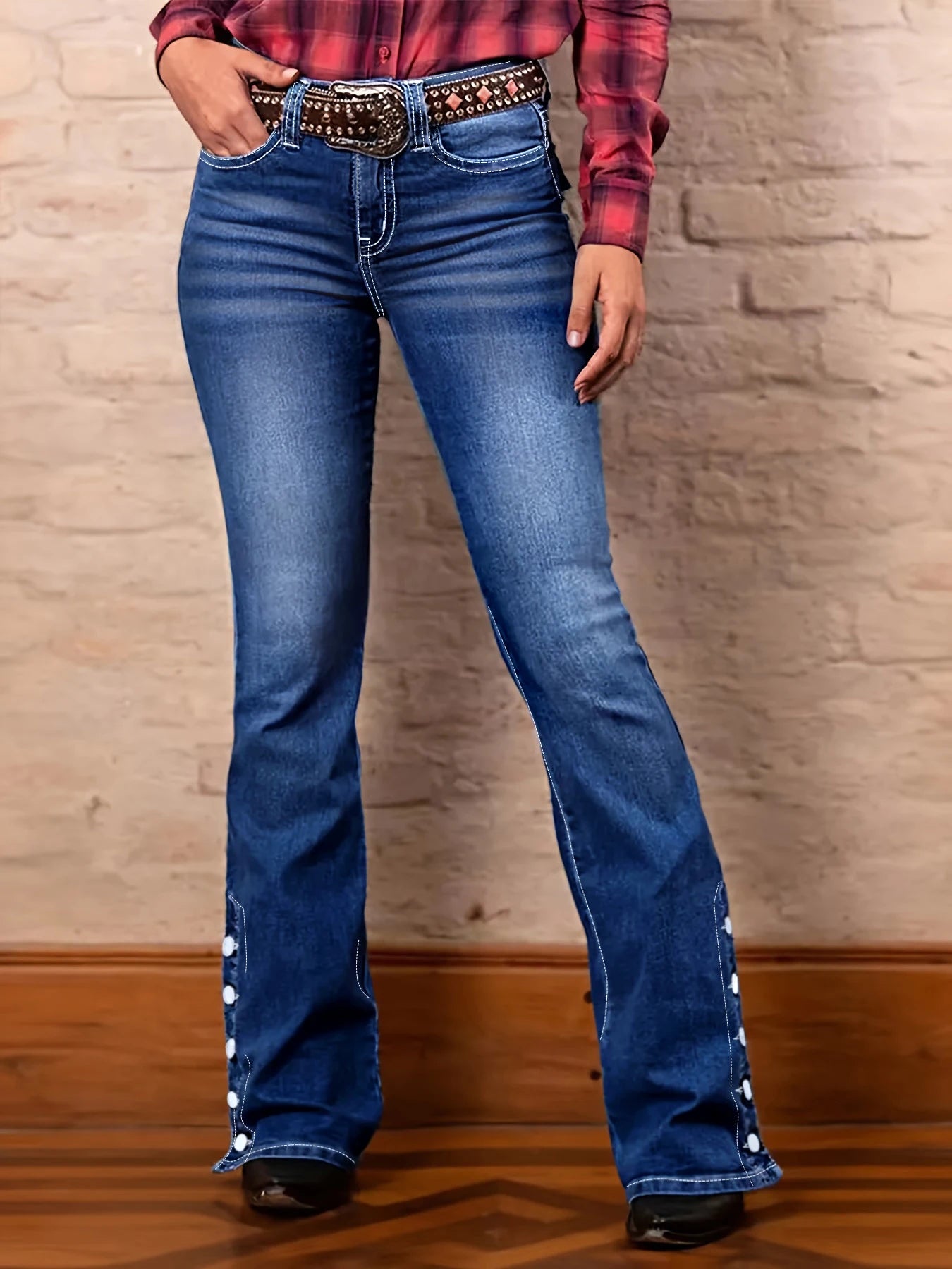 Large size blue flip back bag breasted slit pants