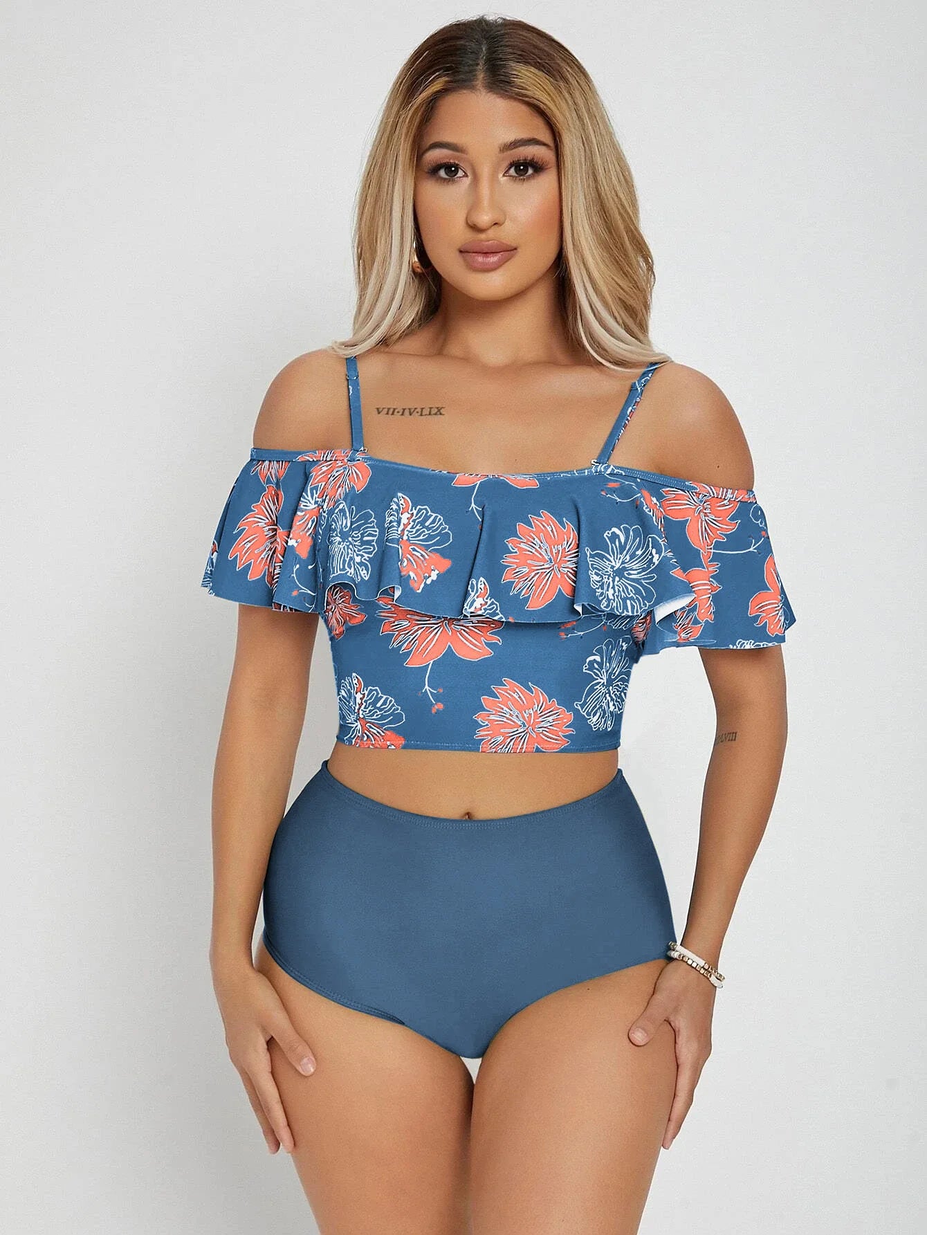 Flower Print Big Ruffle Two Piece Swimsuit