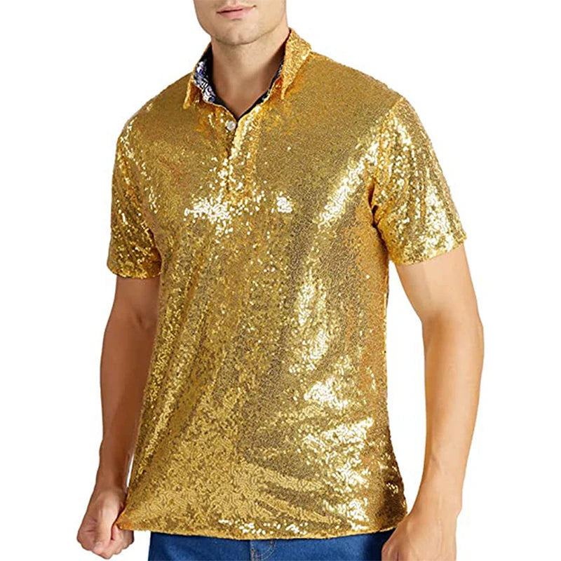Men Sparkle Sequins Shirt Casual Vintage