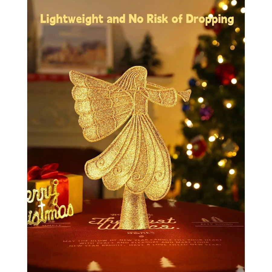 Christmas Angel Tree Topper with Builtin LED Snowflake Projector Lights Hollowed Pentagram Tree Top with Gold Spangles Plated