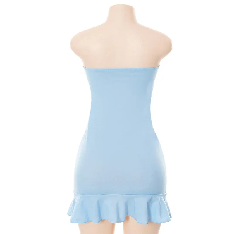 Women Soft Blue Strapless Wrap Hipster Mini Pleated Dress Pullover Sexy Charm Outfits Girls Dating Wear