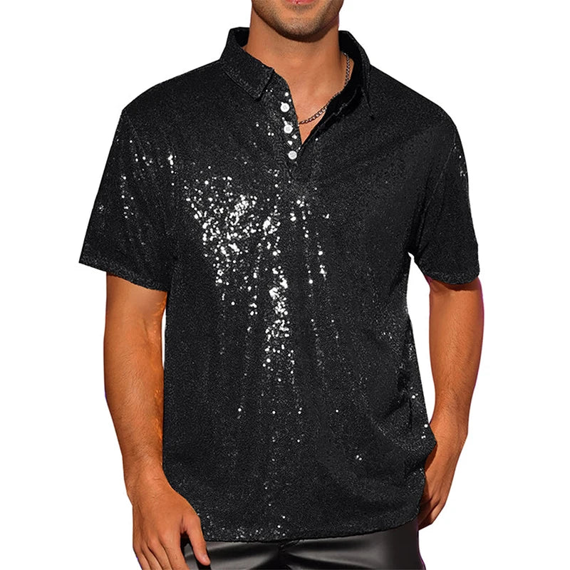 Men Sparkle Sequins Shirt Casual Vintage
