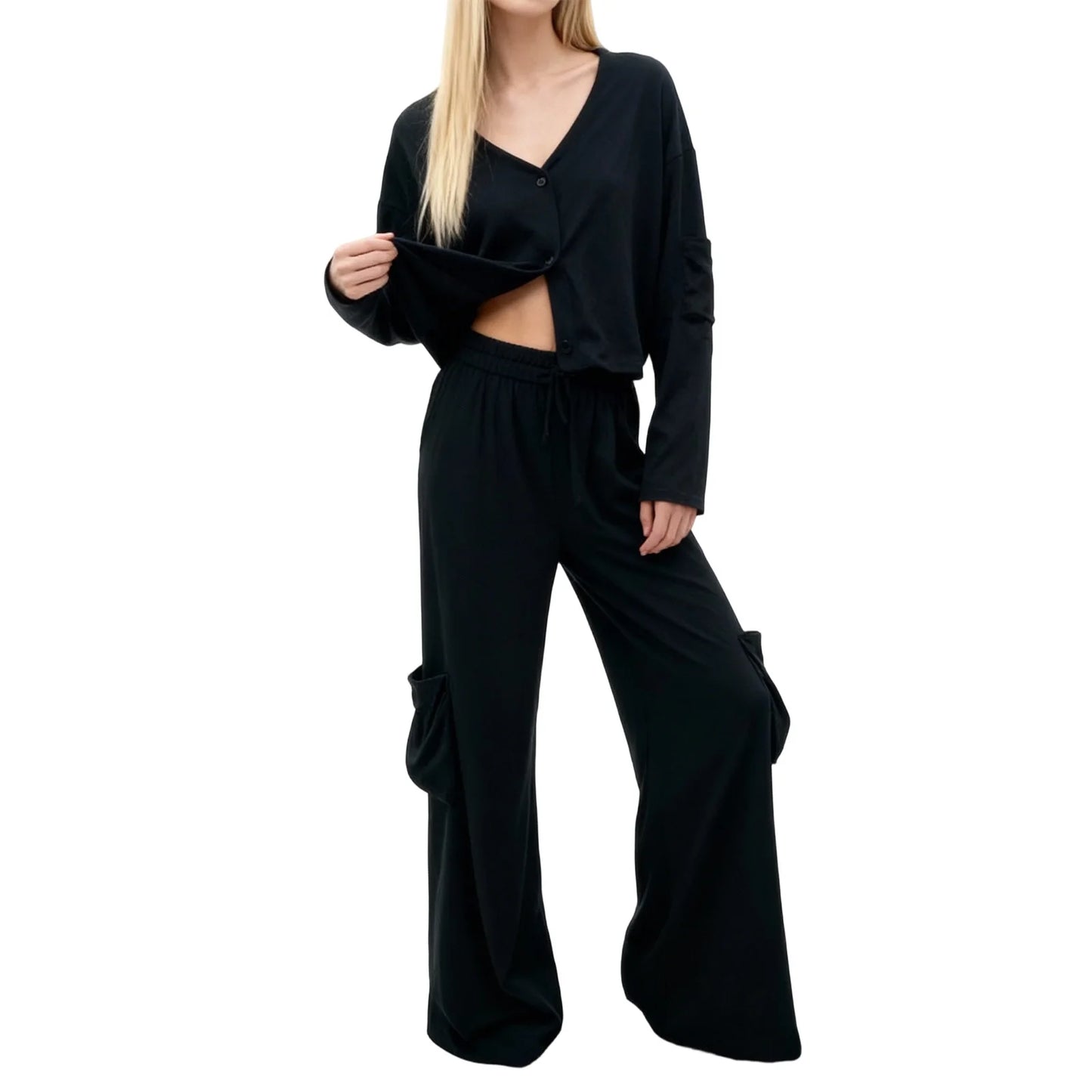 Elegant Women s Suit Stylish Blazer with Button Closure and Matching Elastic Waist Pants for a Chic 2-Piece Outfit