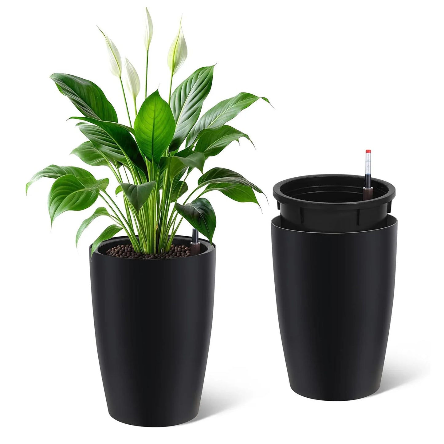 Tall Planters Set of 2, Plant Pots, Self Watering Pots for Indoor Plant, Flower Pots with Drainage and Visual Water Level Design