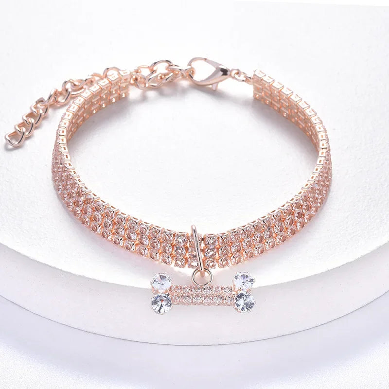 Adjustable Pet Necklace Cat Dog Collar with Diamond Zircon Bone Pendant Jewelry Luxury Metal Copper