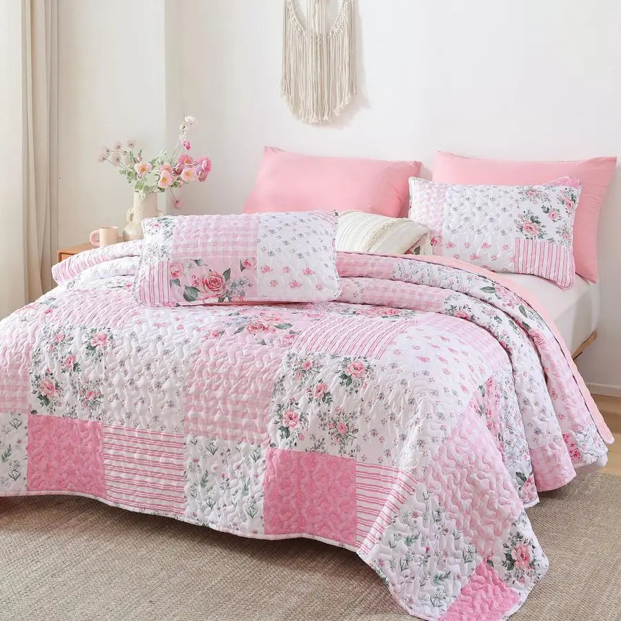 Quilt Sets Queen Size Floral Quilt Set 3 Pieces Bedding Set Bedspreads Pink Comforter Blanket with 2 Pillow Cases Ultra Soft Flo