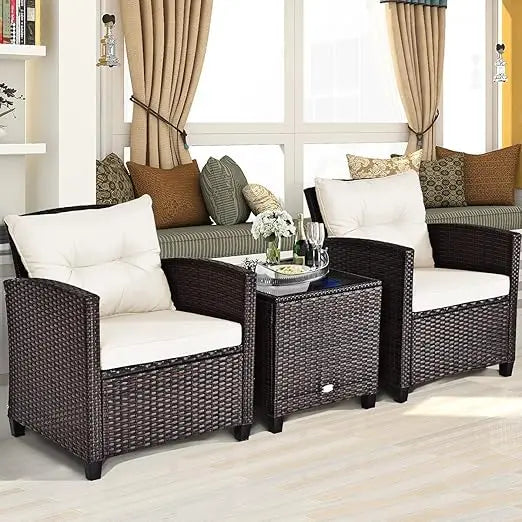3 Pieces Patio Furniture Set Outdoor Furniture Rattan Wicker Chairs and Table Set, Washable Cushions Tempered Glass Coffee Table