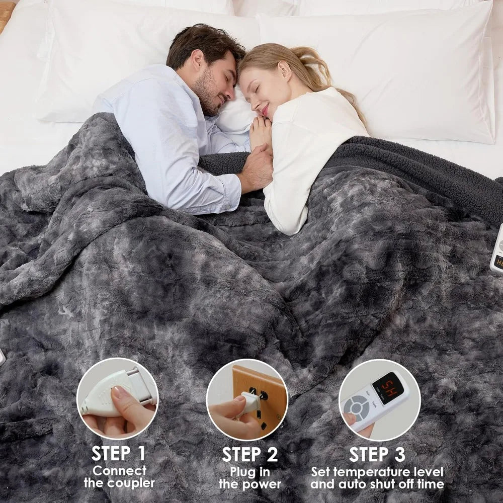 Electric Heated Blanket Throw with Faux Fur, 10-Hour Auto Shut Off, 9 Heat Levels, Fast Warming for Cozy Comfort