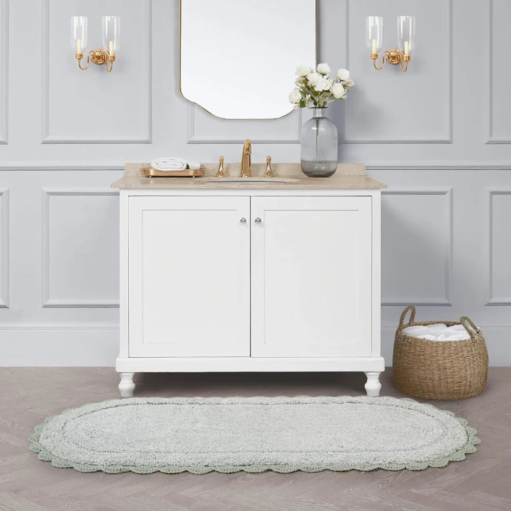Soft 100% Cotton Oval Bath Mat with Crochet Border, Absorbent & Skid-Resistant, Sea Foam 24x60 Bathroom Rug for Elegant Home