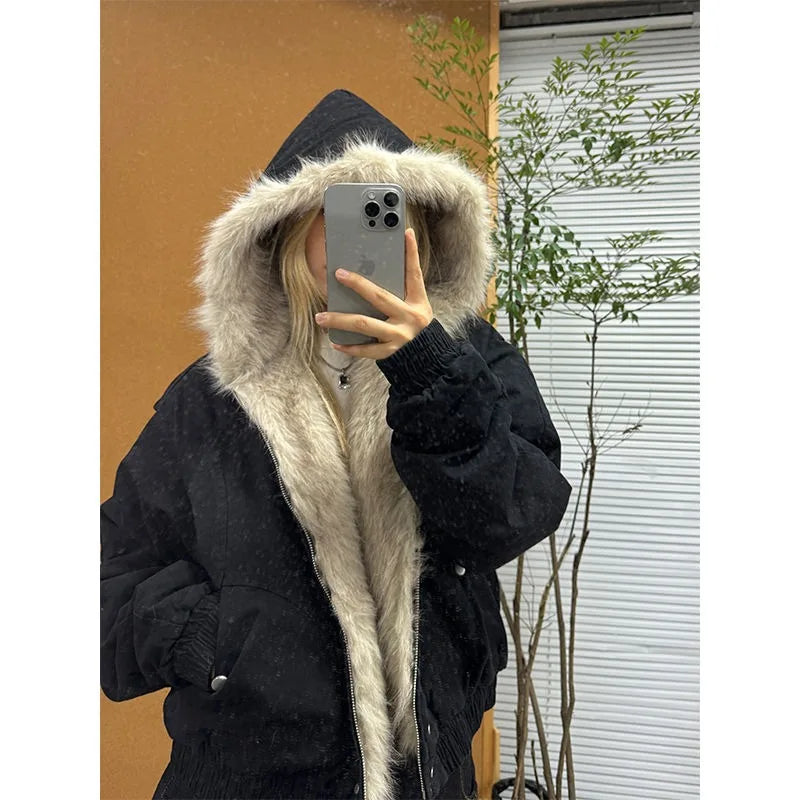 American Retro Fur Collar Hooded Jacket Women Streetwear Winter New Velvet Thickened Warm Loose Casual Jacket