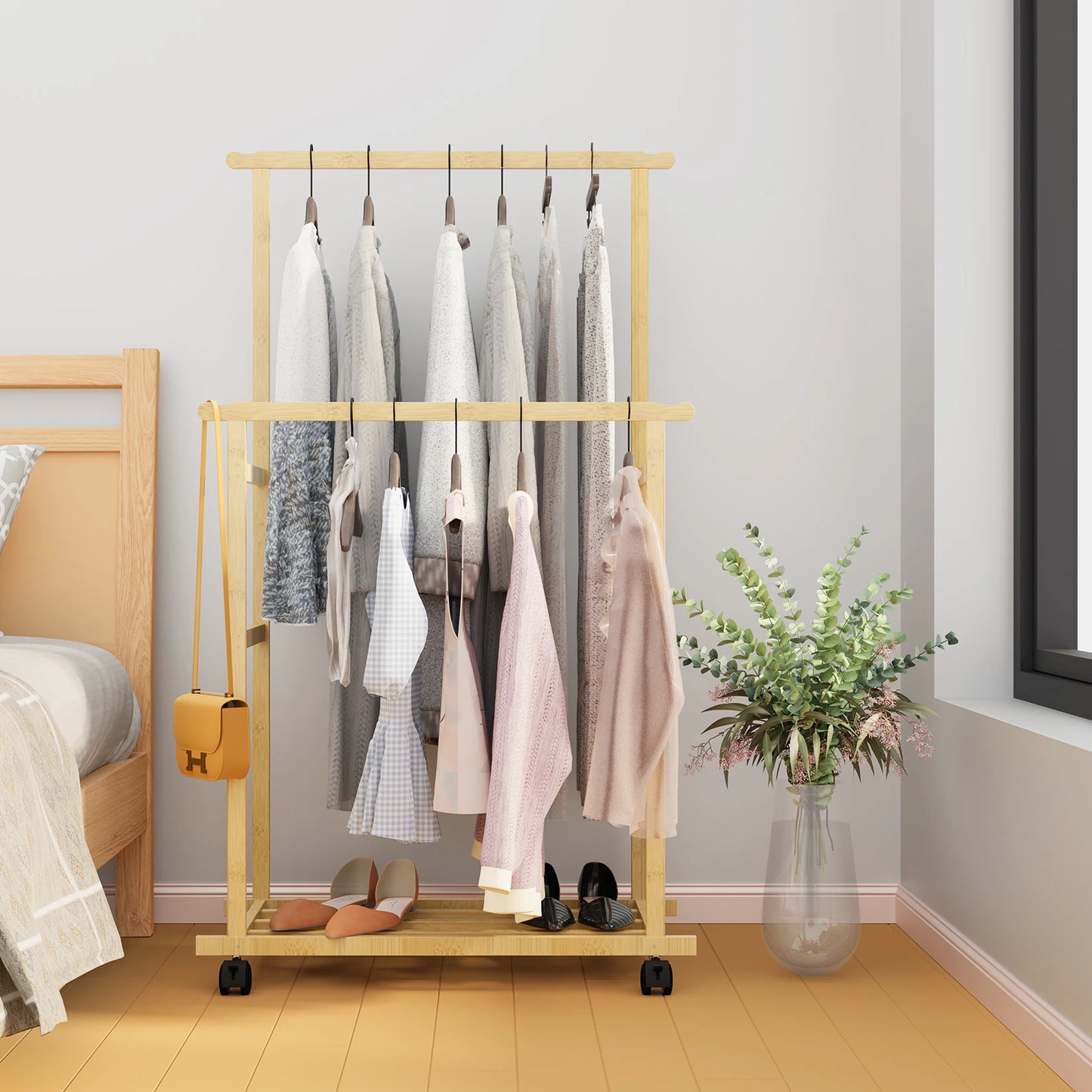 Bamboo Clothes Rail Rack Double Hanging Rails Clothes Rack on Wheels