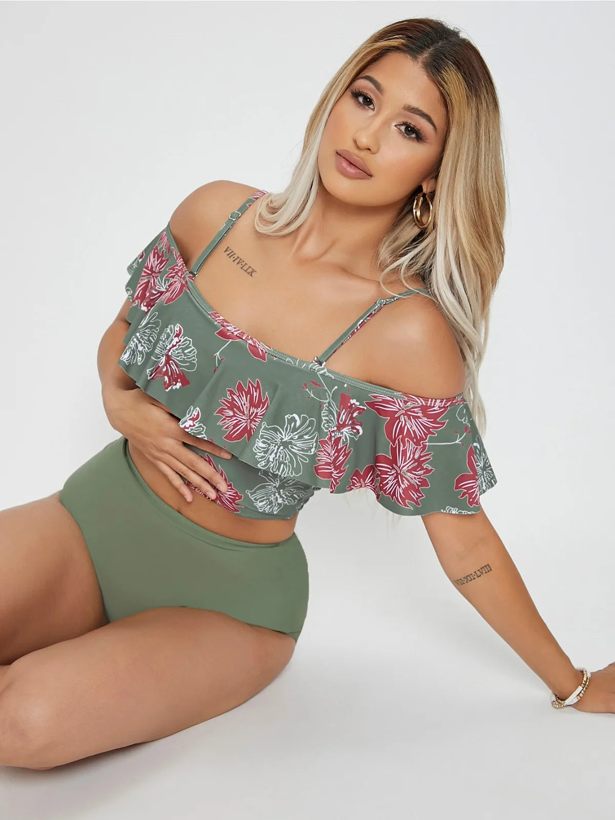 Flower Print Big Ruffle Two Piece Swimsuit