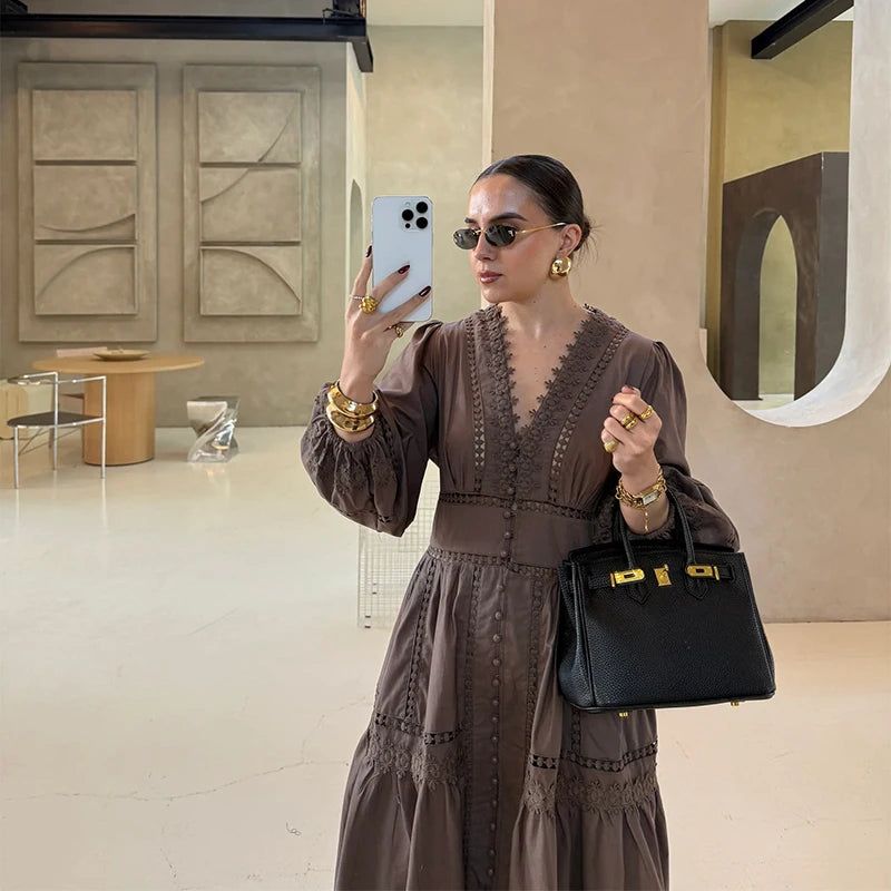 Lace Long Dresses Women Hollow Out V-neck Full Puff Sleeves Loose A line Dress Female Autumn Fashion Holiday Beachwears New