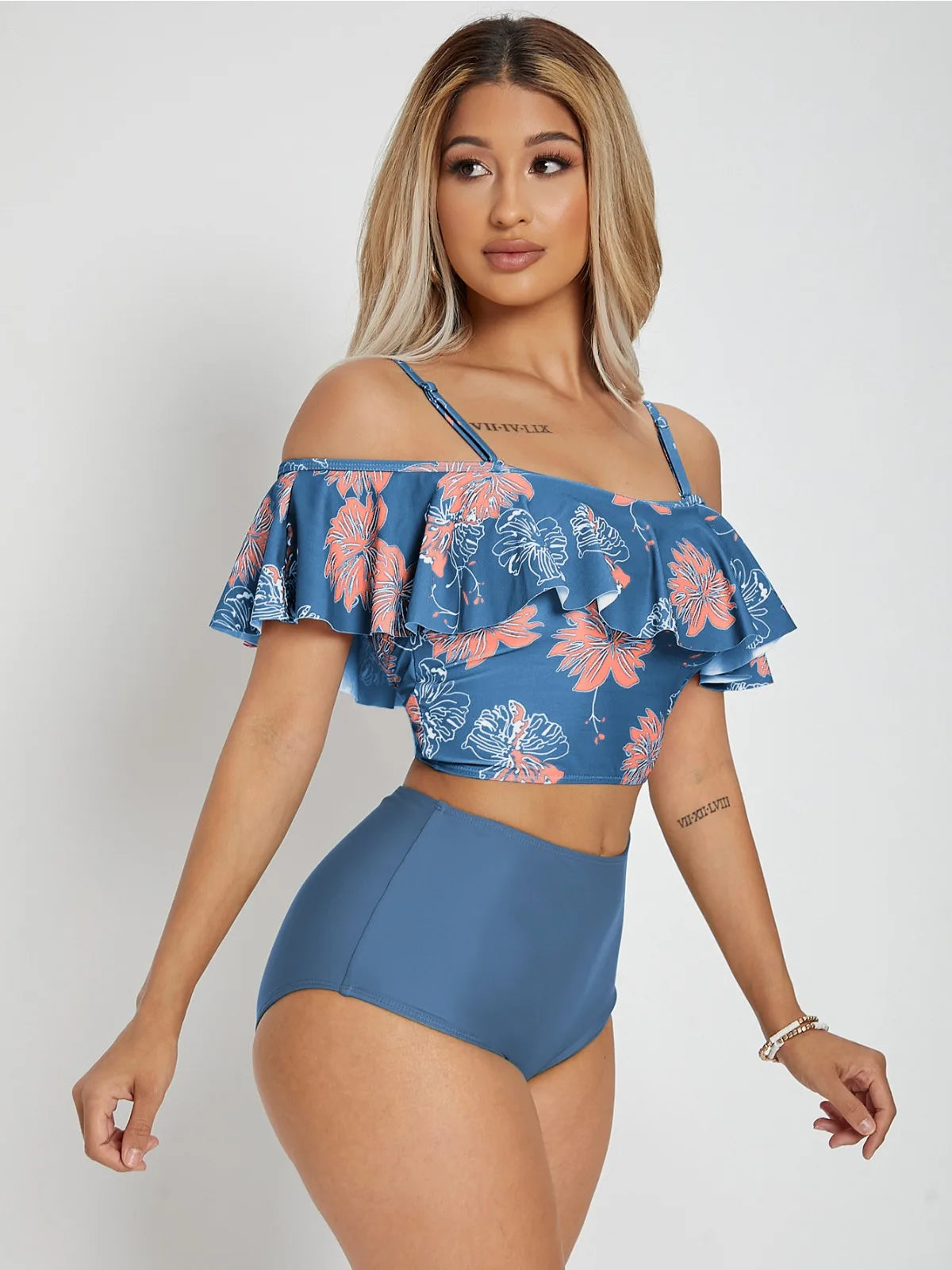 Flower Print Big Ruffle Two Piece Swimsuit