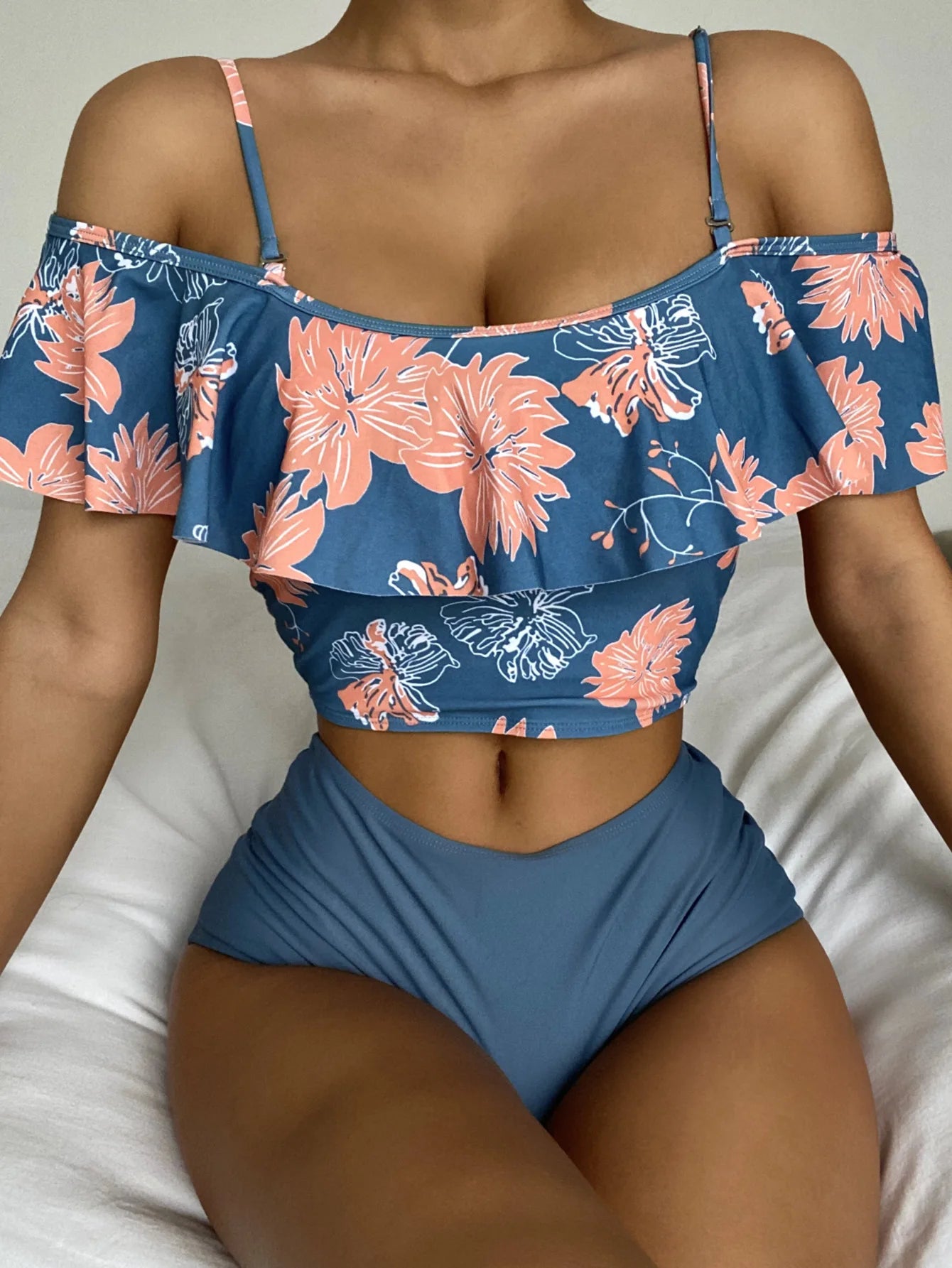 Flower Print Big Ruffle Two Piece Swimsuit