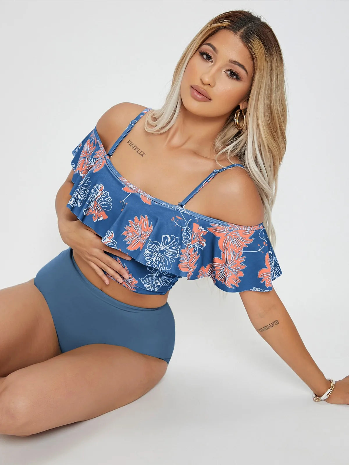 Flower Print Big Ruffle Two Piece Swimsuit