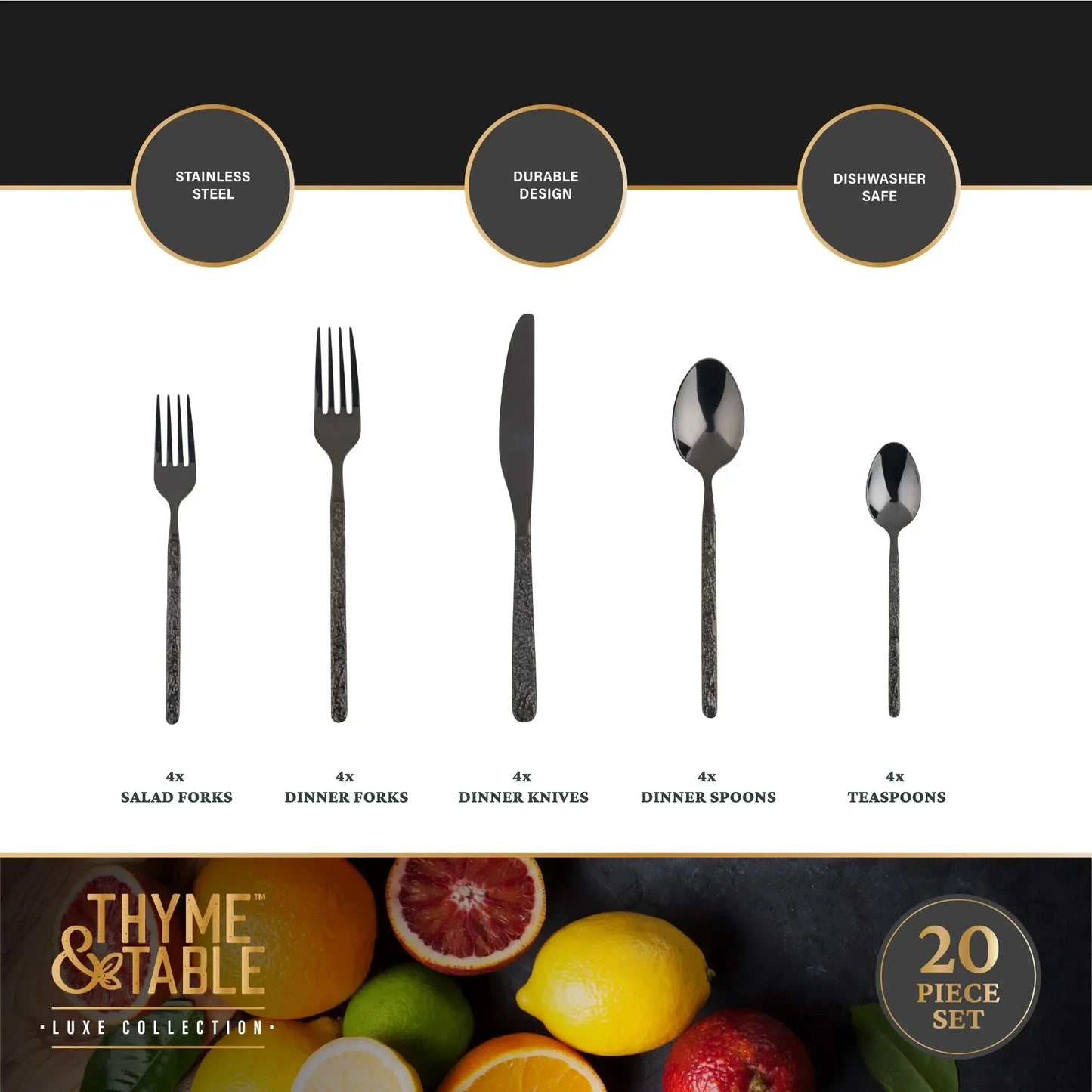Modern 20-Piece Black Stainless Steel Flatware Set | Dishwasher Safe Silverware for 4 | Elegant Dining & Entertaining Tableware