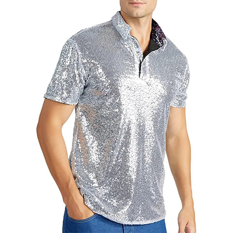 Men Sparkle Sequins Shirt Casual Vintage