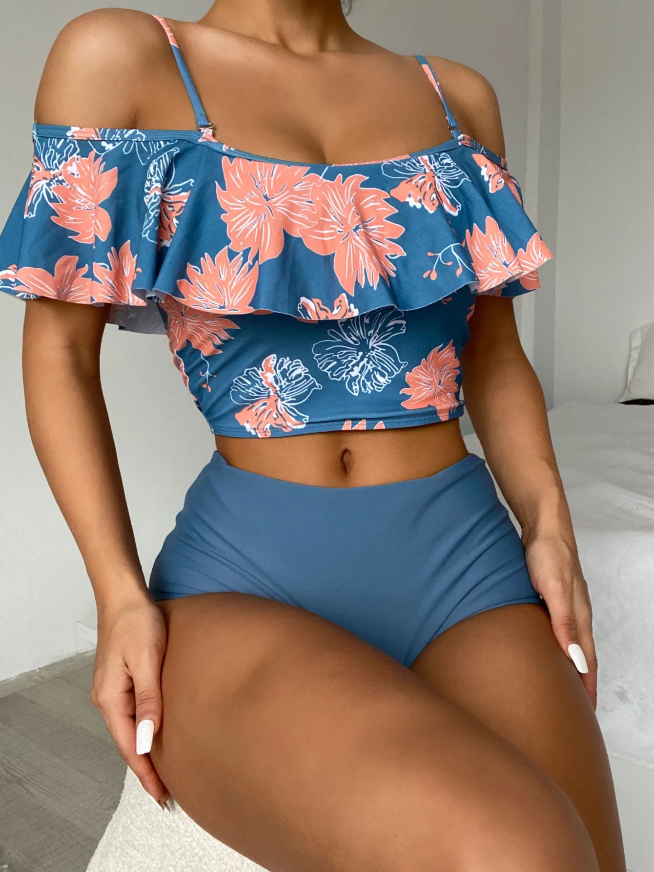 Flower Print Big Ruffle Two Piece Swimsuit