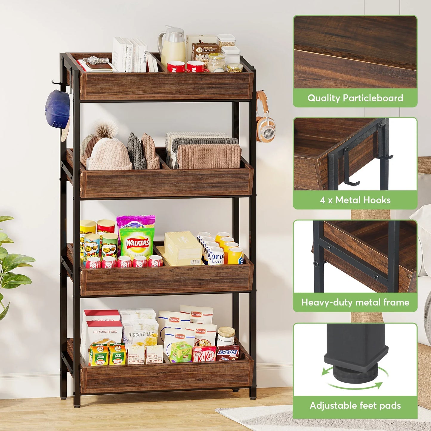 4-Tier Wood Utility Storage Shelves for Kitchen, Office, Store