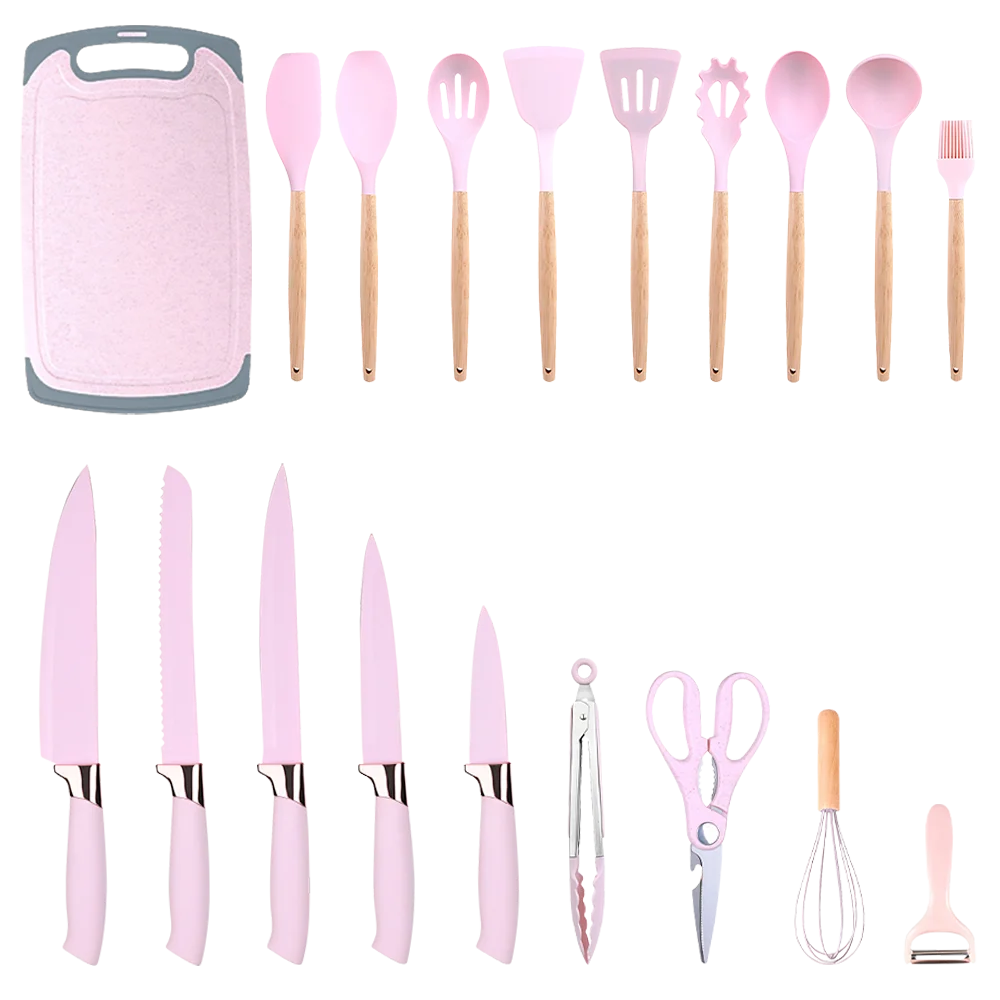 MDHAND 20pcs Heat-Resistant Silicone Kitchen Utensil Set with Wooden Handles Knives Soup Spoon with Scissors Hassle-Free Cooking