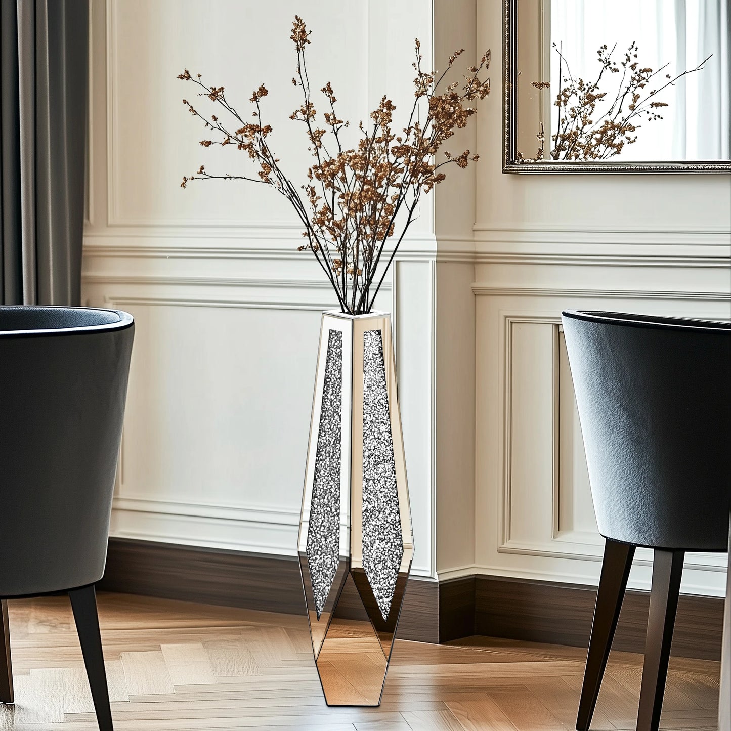 Tall Floor Mirror Vase, Large Crushed Diamond Glass Vase for Home Decor Modern Crystal Centerpiece