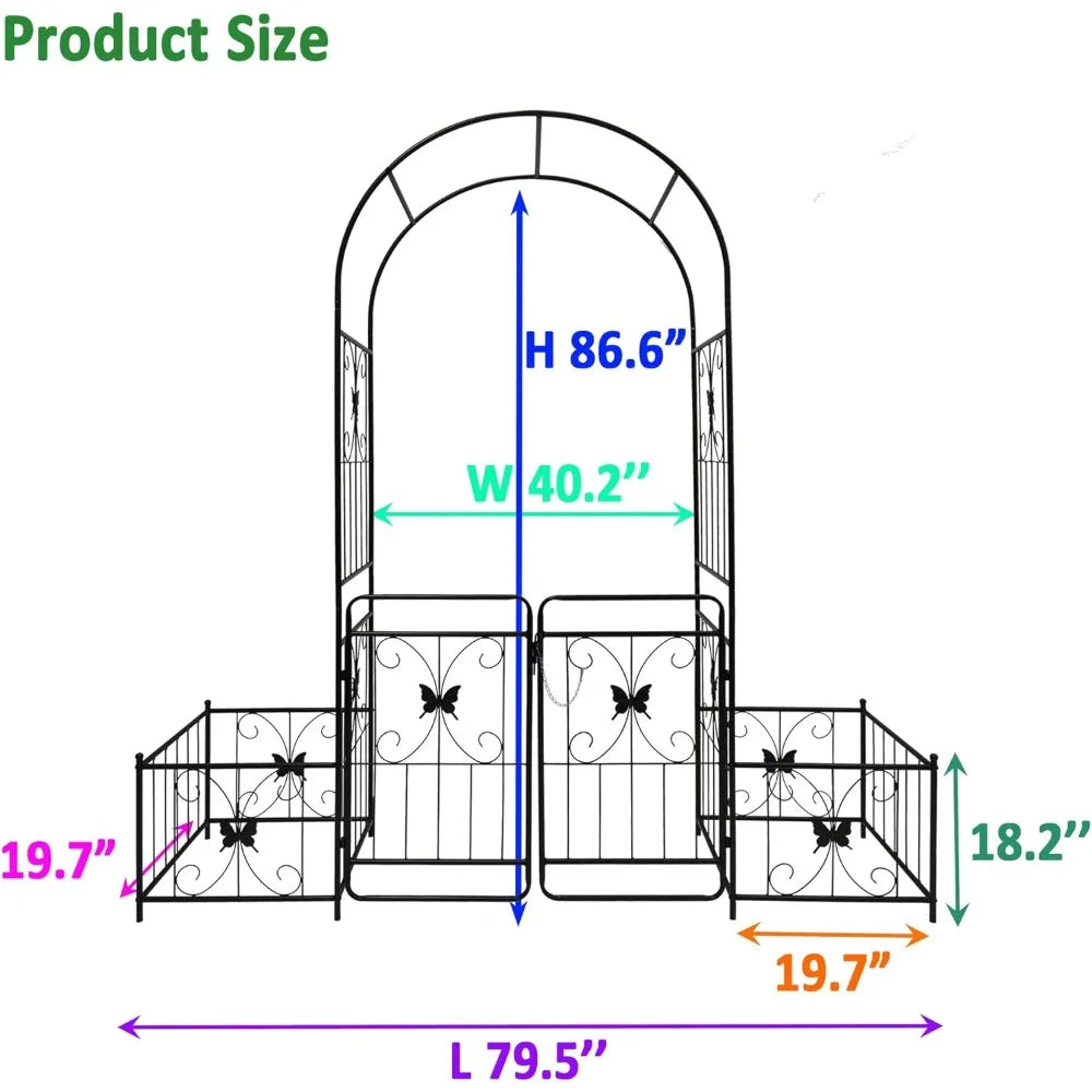 Metal Garden Arch with Gate and 2 Plant Stands, Garden Arch Trellis for Climbing Plants Outdoor, Garden Arbor