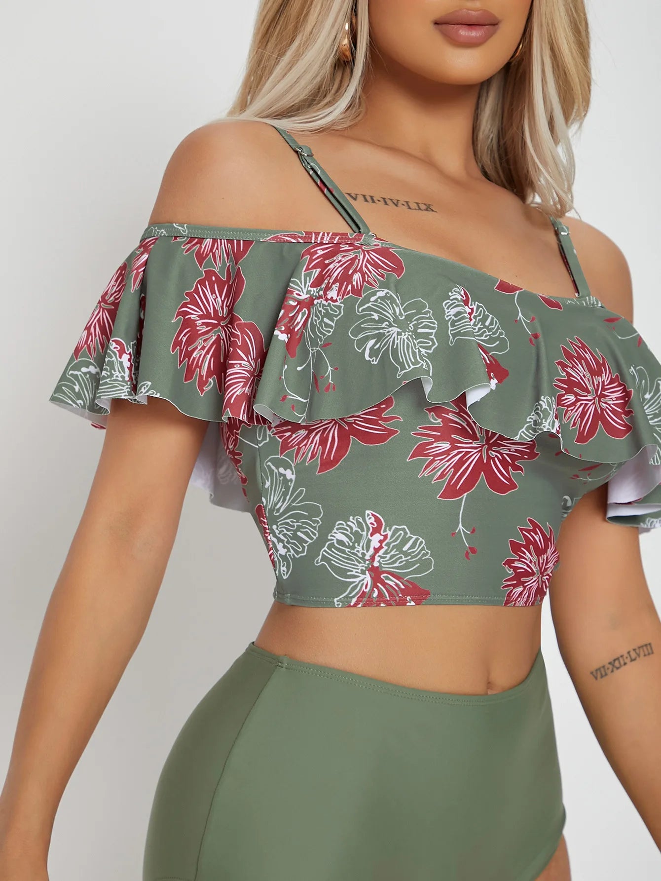 Flower Print Big Ruffle Two Piece Swimsuit