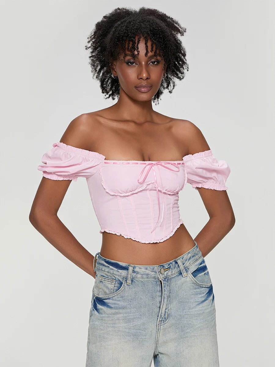 Women T-shirt Square Neck Short Sleeve Backless Tie-up