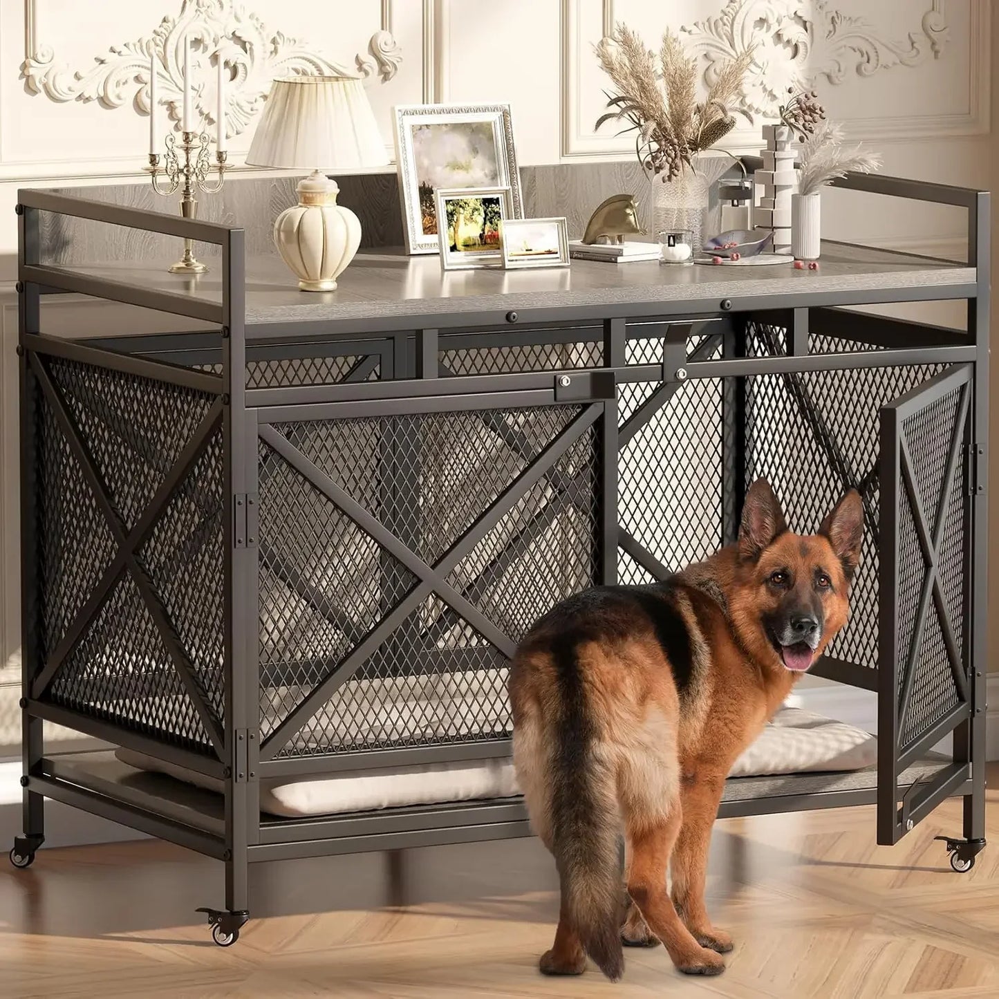 Large Dog Crate Furniture, 48 Inch Heavy Duty Dog Kennel for Large Breeds Cage with Wheels,
