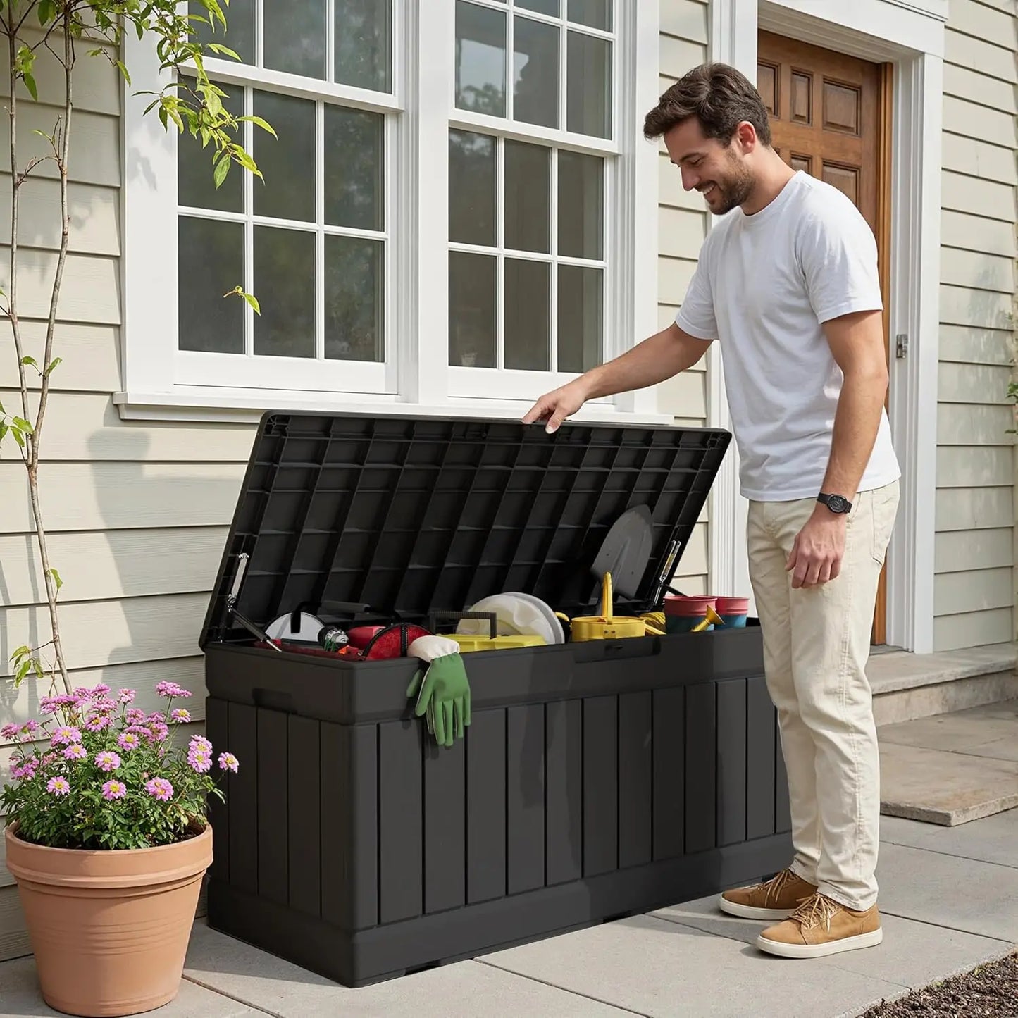 78 Gallon Waterproof Outdoor Storage Box with Lockable Lid, Patio Furniture Bench for Garden Tools and Pool Supplies