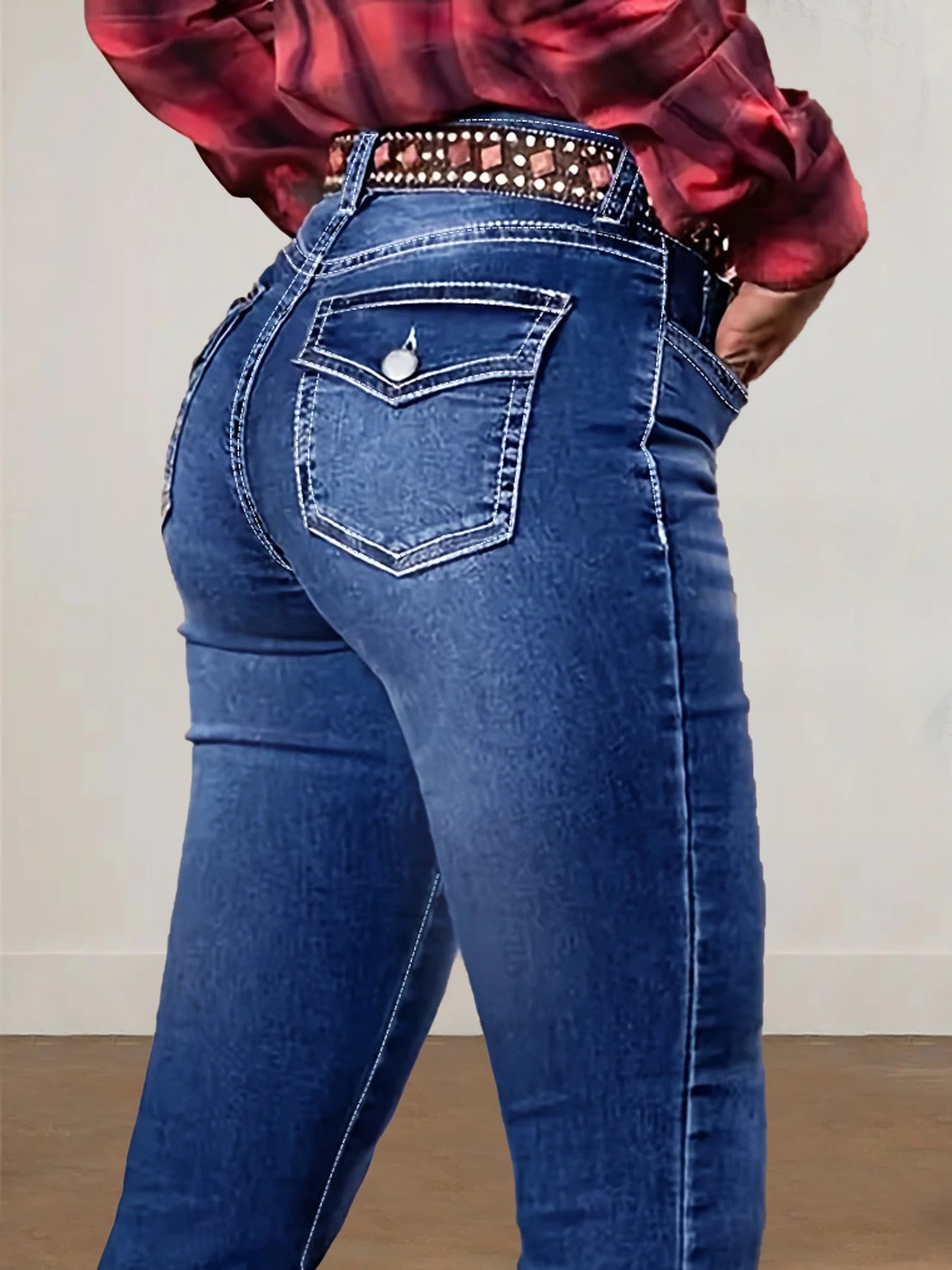 Large size blue flip back bag breasted slit pants