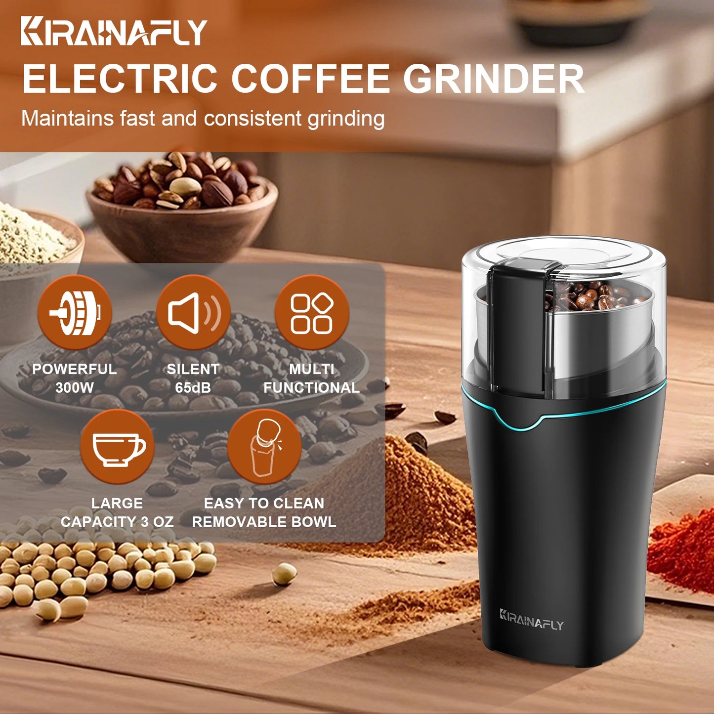 Coffee Bean Grinder with Removable Stainless Steel Cup