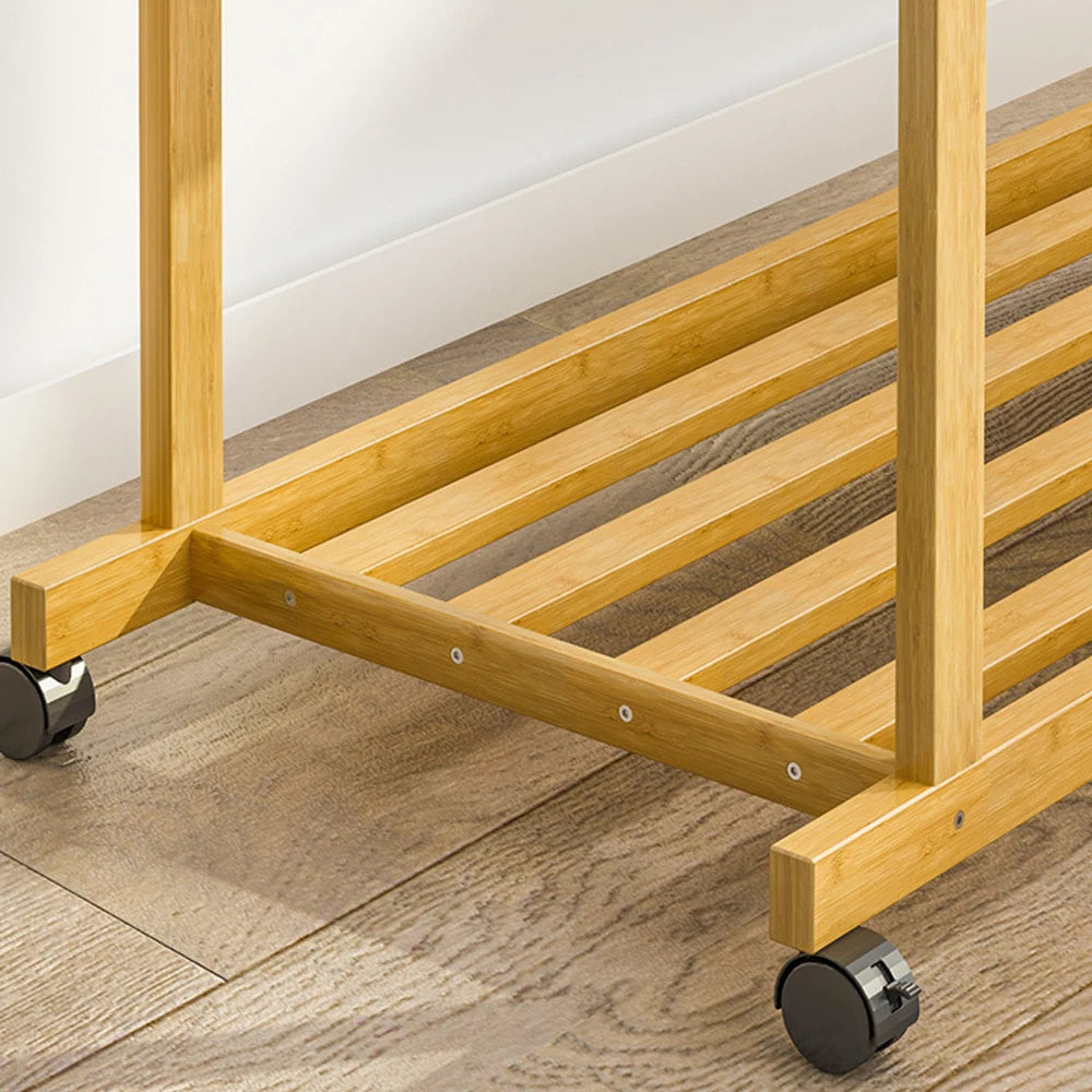 Bamboo Clothes Rail Rack Double Hanging Rails Clothes Rack on Wheels