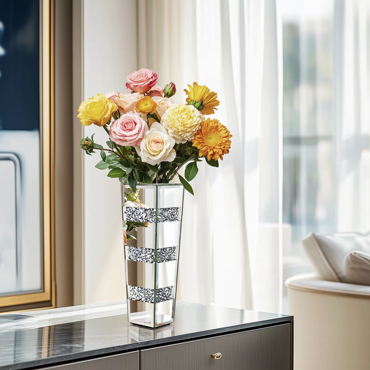Tall Floor Mirror Vase, Large Crushed Diamond Glass Vase for Home Decor Modern Crystal Centerpiece