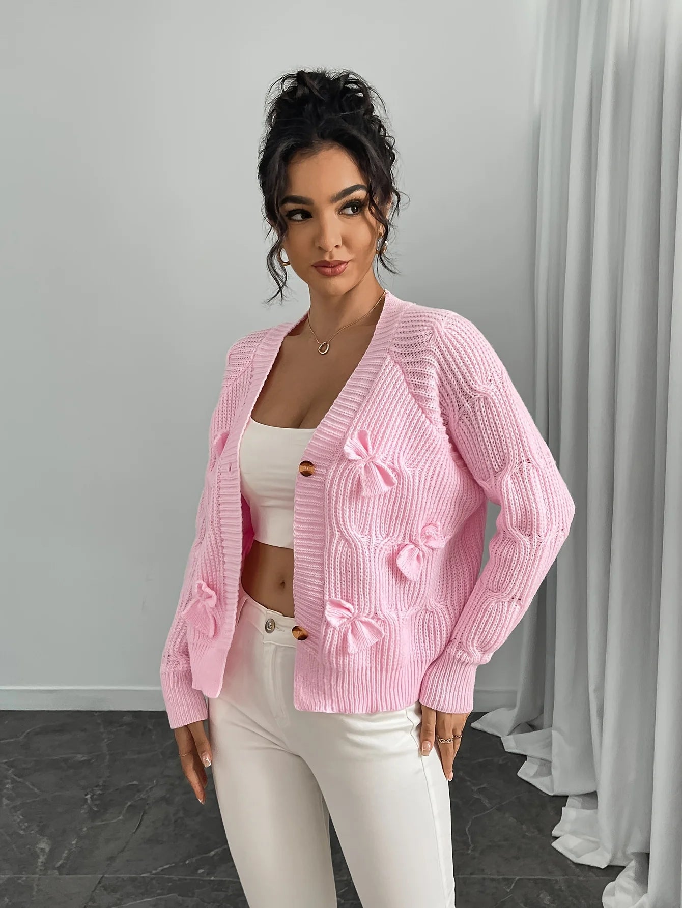 Autumn and Winter New Fashion Woman Sweater Solid Color Long Sleeve Bow Knit Cardigan Jacket Top Women's Clothing