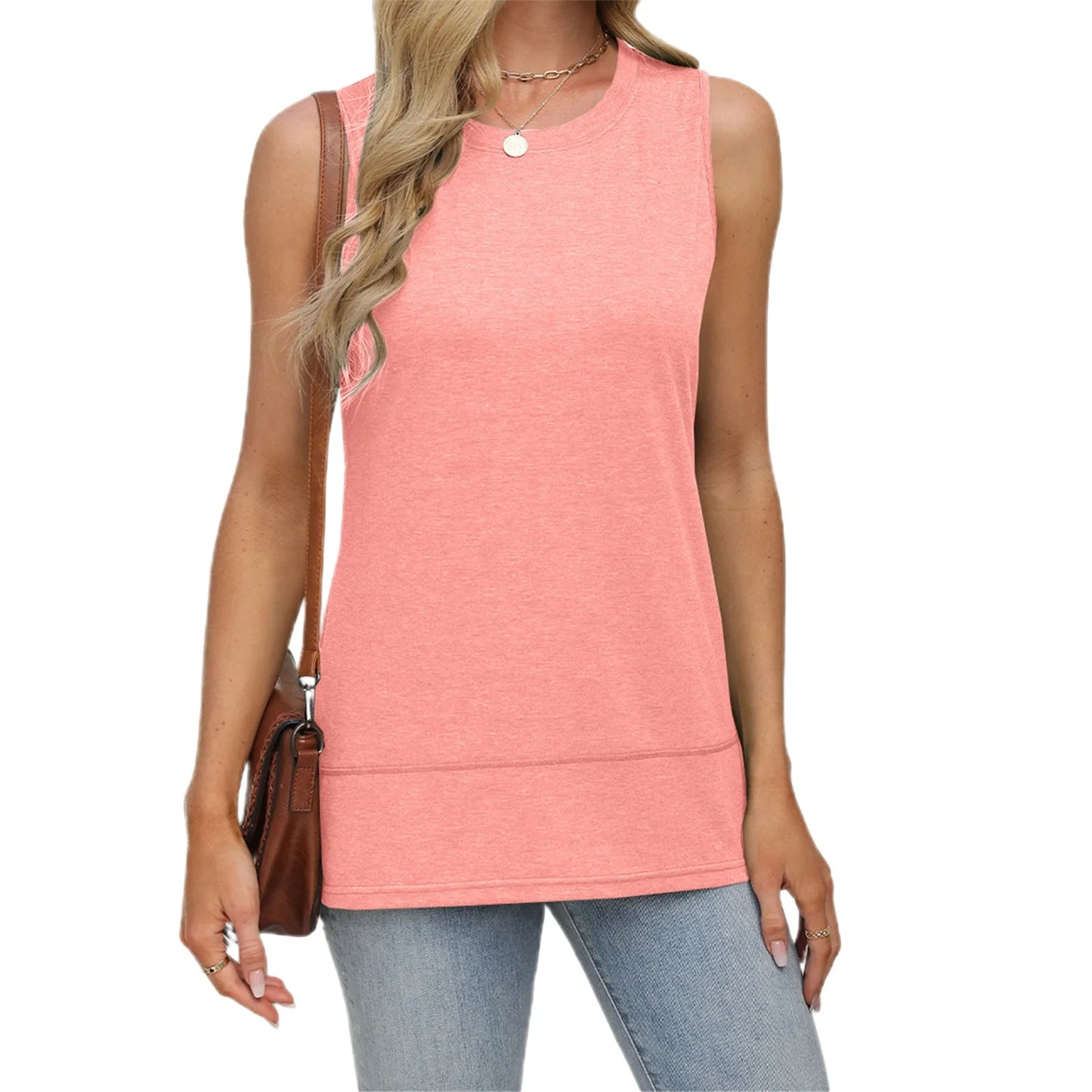 Sleeveless Round Neck Tunic Tank Tops