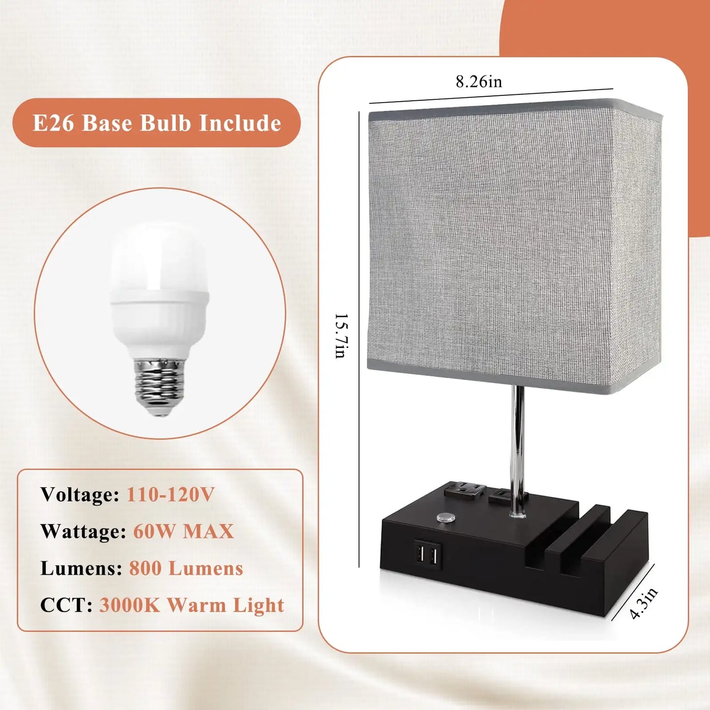 15.7" Bedside Table Lamp for Bedroom, Dual Fast USB Charging Ports, Fully Dimmable Nightstand Lamps