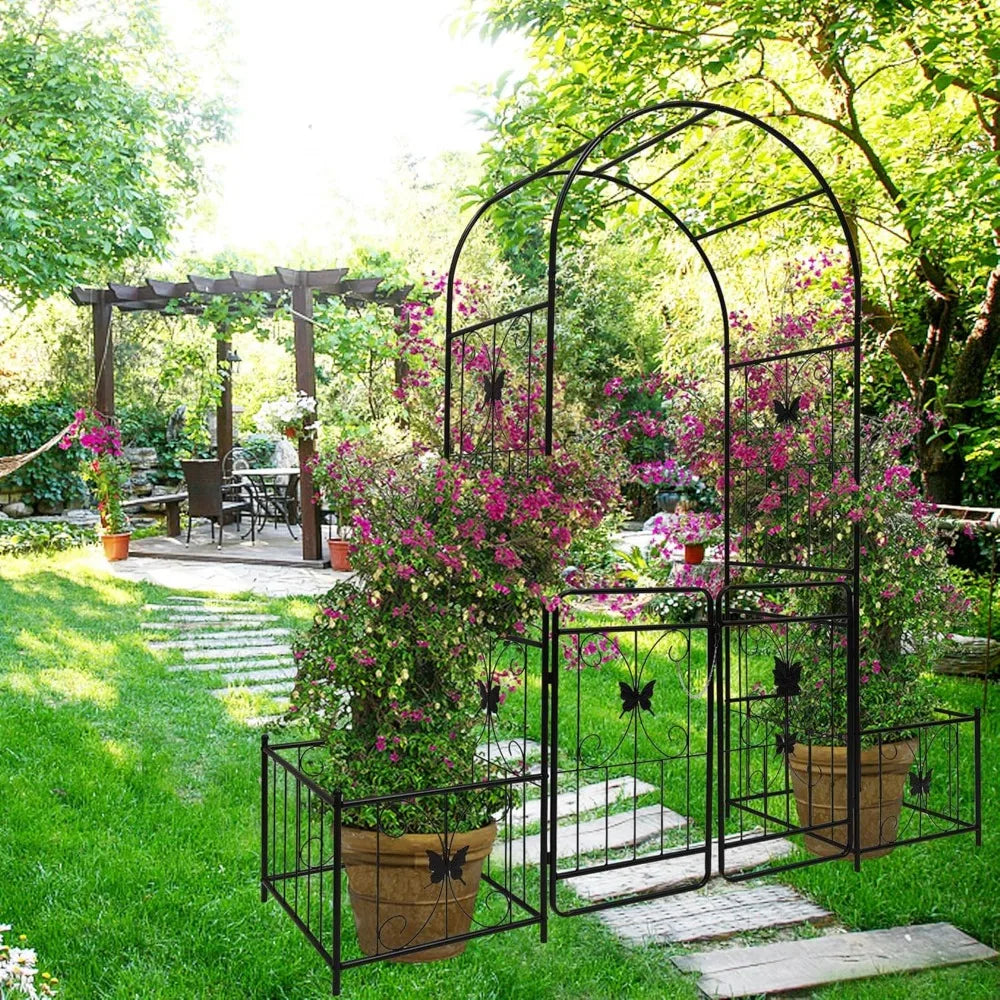 Metal Garden Arch with Gate and 2 Plant Stands, Garden Arch Trellis for Climbing Plants Outdoor, Garden Arbor