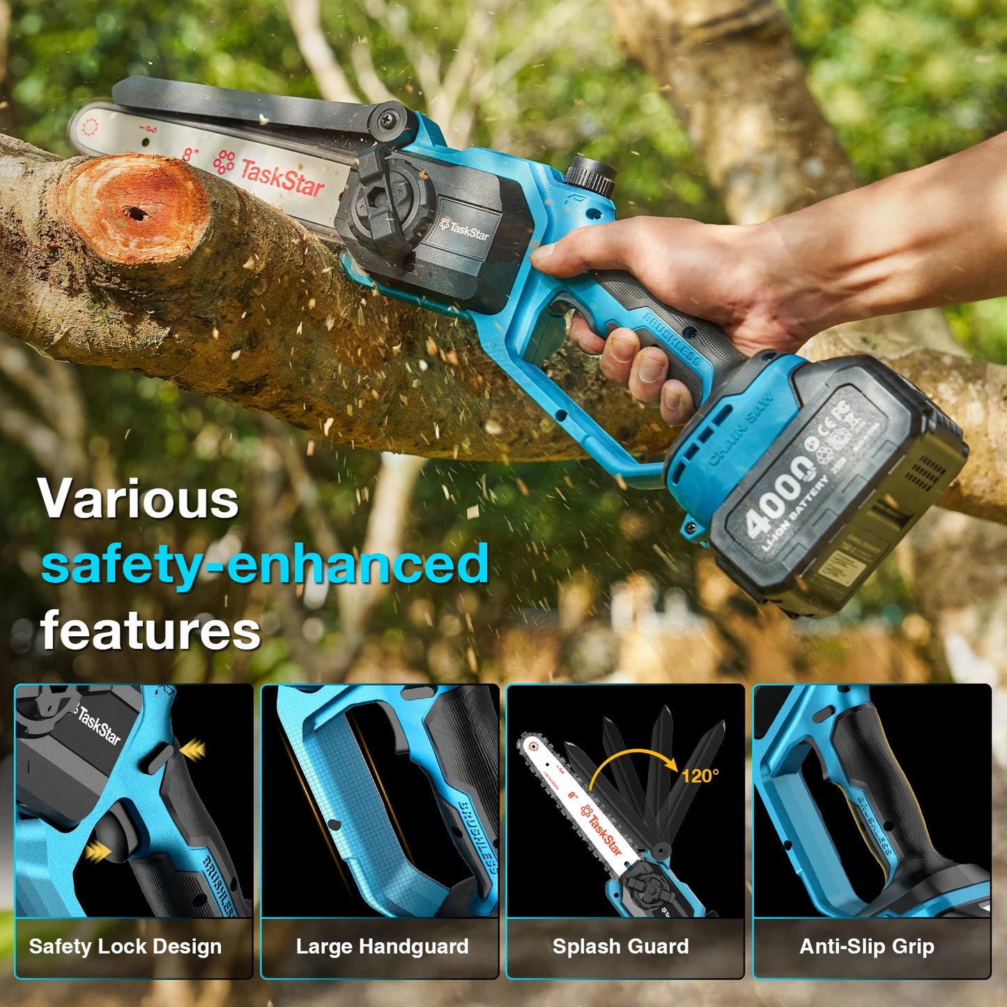 TaskStar 2-in-1 Electric Pole Saw 8" Cordless Chainsaw&Telescopic Pole 15Ft Max Reach High Branch Pruning Tool 2 4.0Ah Batteries